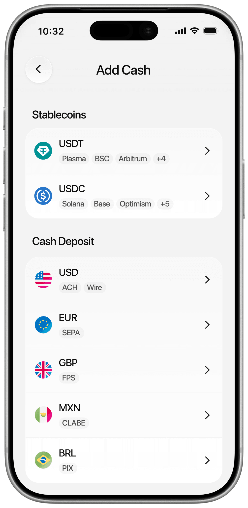 Plasma One Add Cash screen listing stablecoin and local cash deposit options