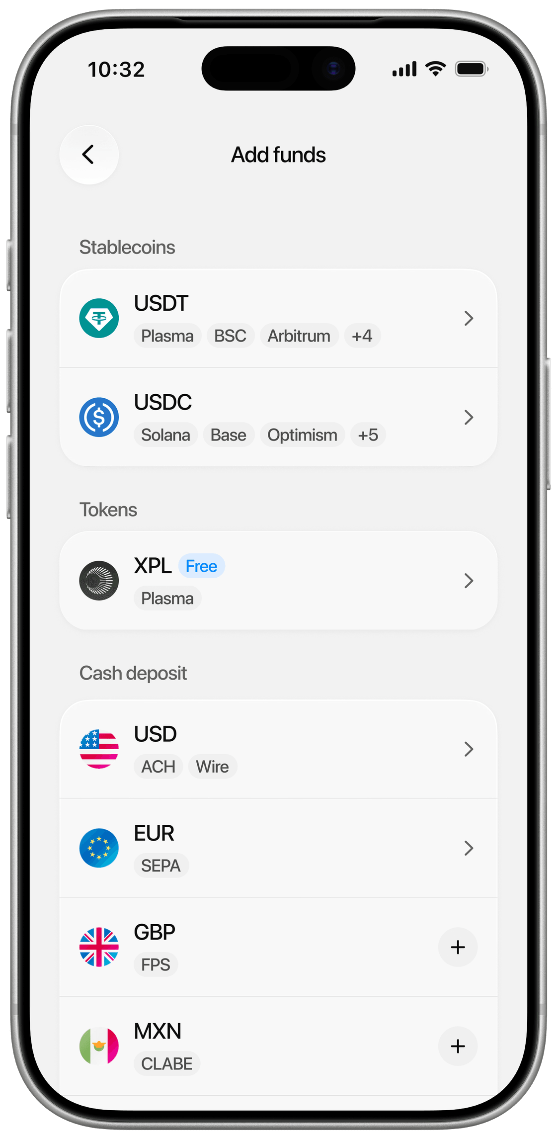 Plasma One currency account screen