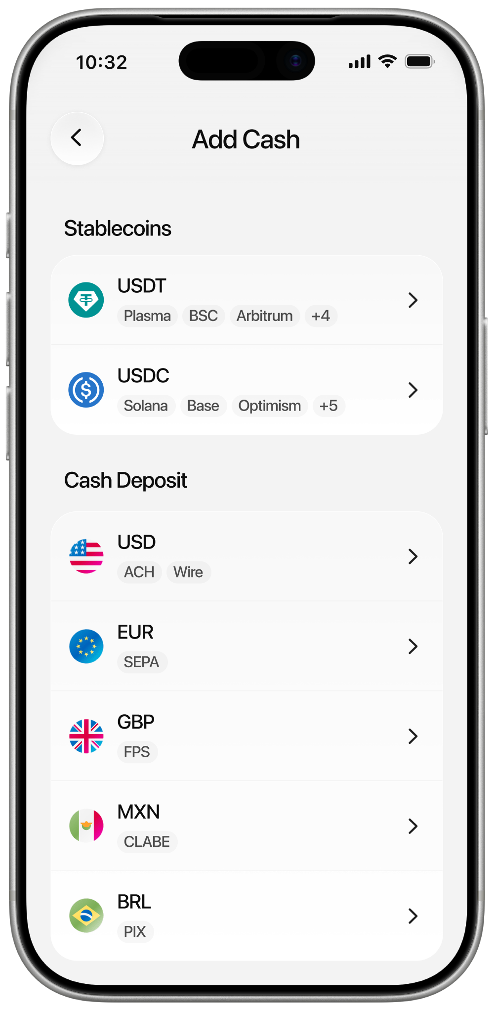 Plasma One Add Cash screen listing stablecoin and local cash deposit options
