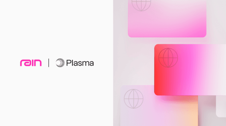 Rain and Plasma logos beside gradient card shapes, representing a stablecoin-funded card issuance integration.